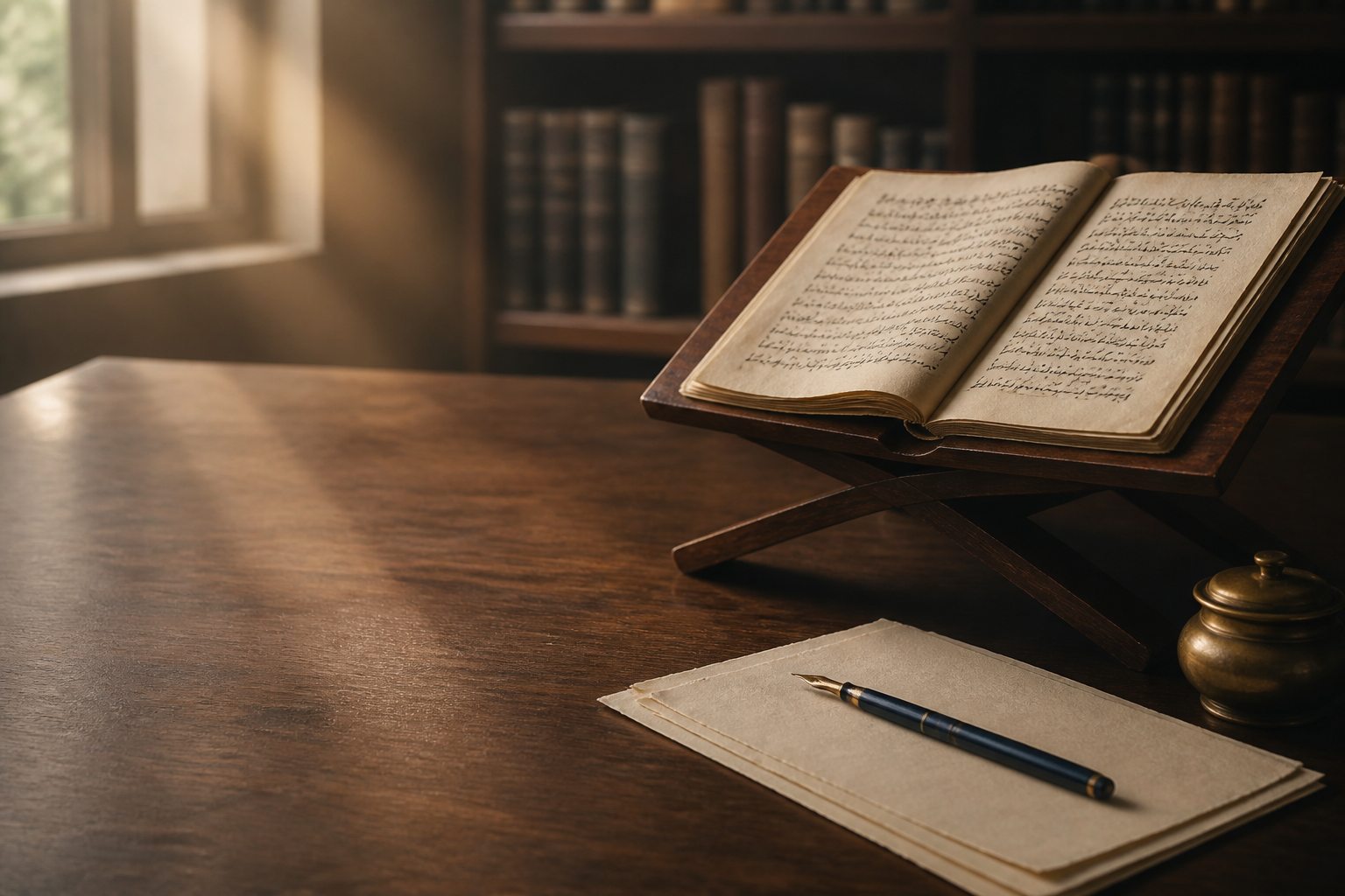 An archival manuscript on a wooden reading stand